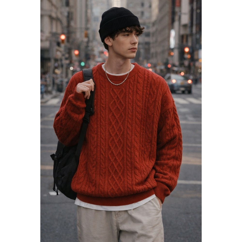 Aelfric Eden Mens XXL‎ Cable Knit Crew Sweater Rust Orange OS Granola Fisherman